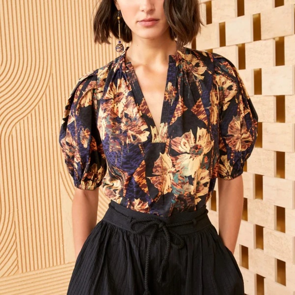 Ulla Johnson Blue and Orange Puff Sleeve Blouse